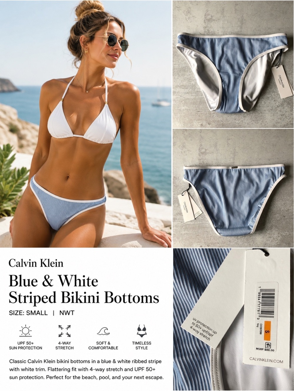 NWT Calvin Klein Bikini Bottoms Blue White Stripe UPF 50+ Size Small